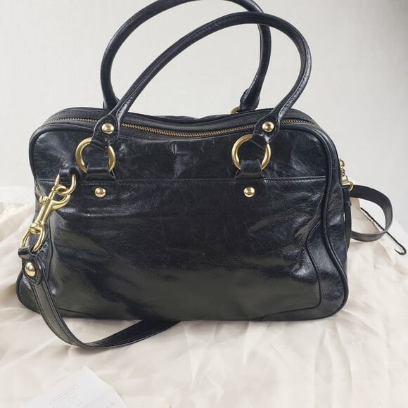 Coach Poppy Pushlock Satchel Black Waxed Leather Fuchsia Lining Removable Strap - Picture 6 of 14